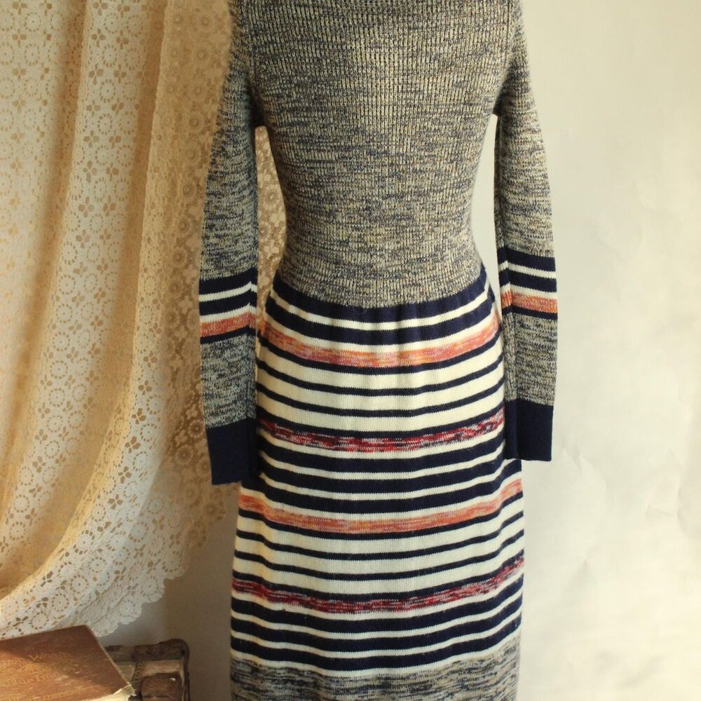 Vintage 1970s Dress, Jon Michael Wool Sweater Dress, Horizontal Striped V Neck - Picture 12 of 13